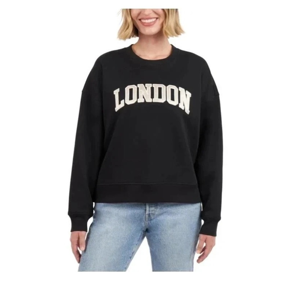 Elle Sport Women's London Logo Crewneck Long Sleeve Sweatshirt, Black, Size: XL